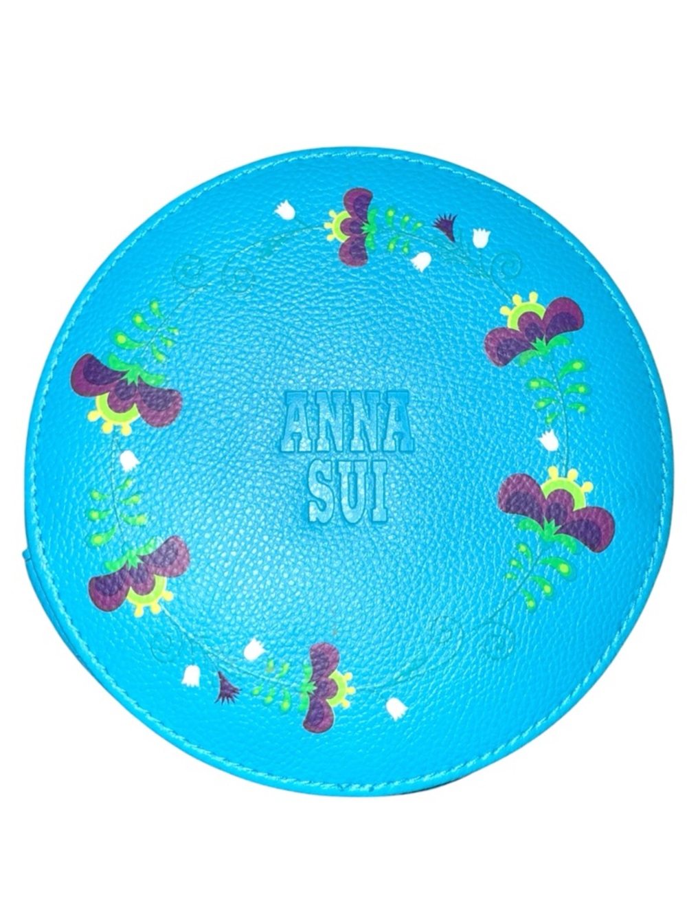 Anna Sui Turquoise Floral Round leather wristlet or cosmetic case-make up bag